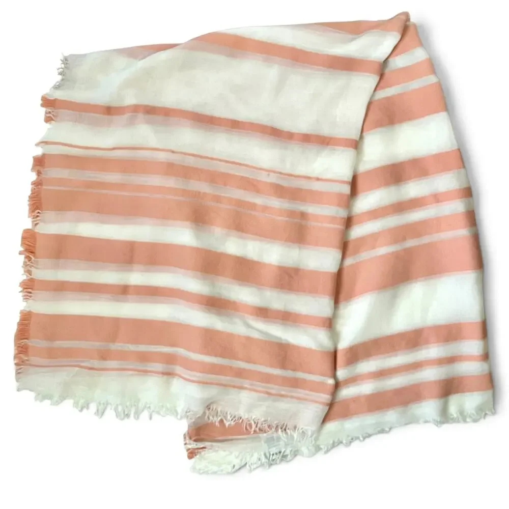Vince Light Coral Gauzy White Stripe Cotton-Blend Fringe Shawl Wrap Scarf
